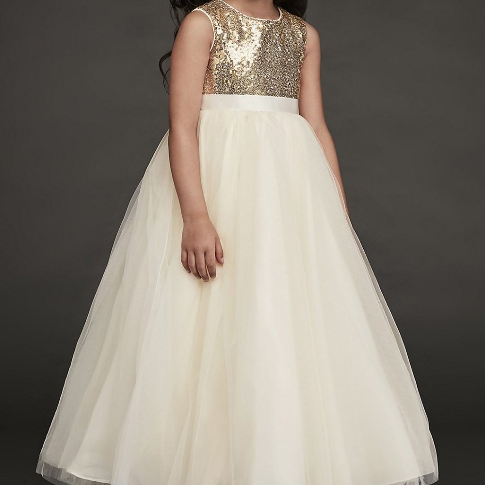 DAVID'S BRIDAL / heart back sequin tulle flower girl gown GOLD / STYLE# WG1390